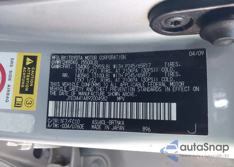 2009 Toyota Highlander from USA, damaged, VIN JTEDA41A892004582